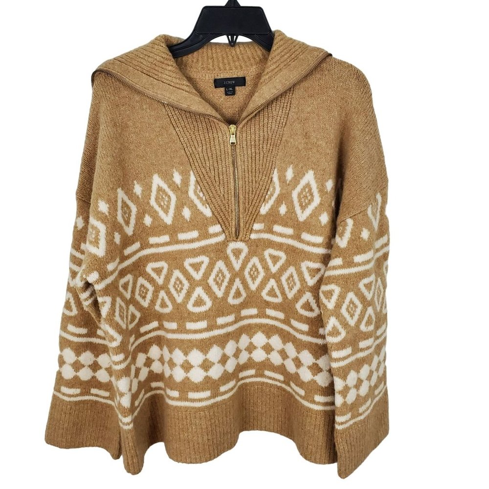 NWT J.Crew Tan Relaxed Nordic Half Zip Merino Wool/Alpaca Sweater L/XL BD643